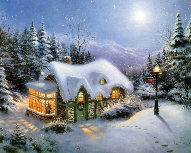 Cozy cabin in snowy night