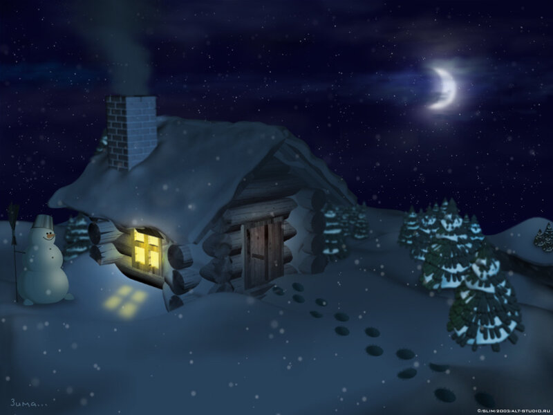 Cozy cabin in snowy night