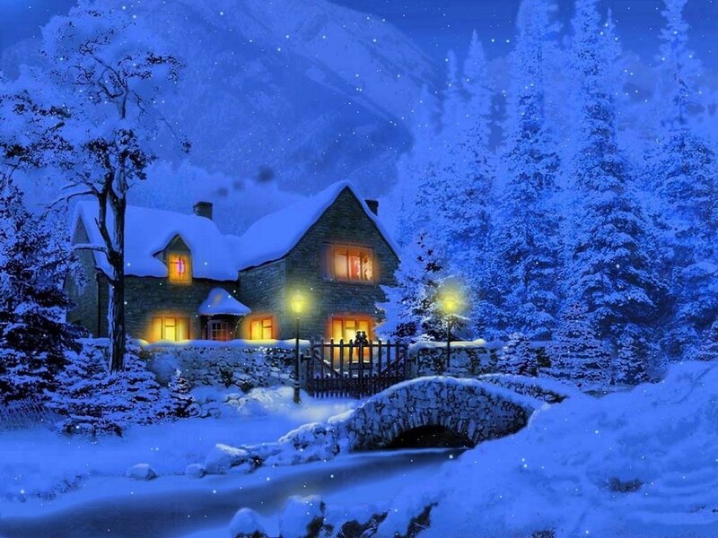Cozy cabin in snowy night
