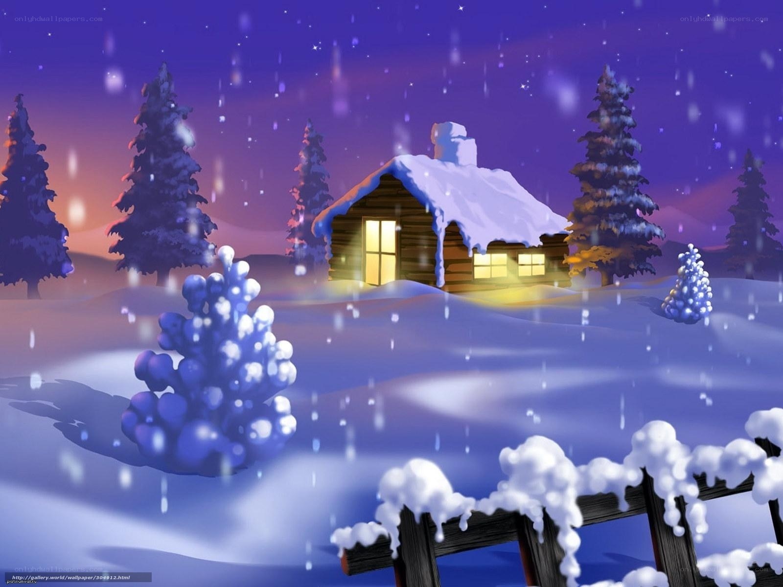 Cozy cabin in snowy night