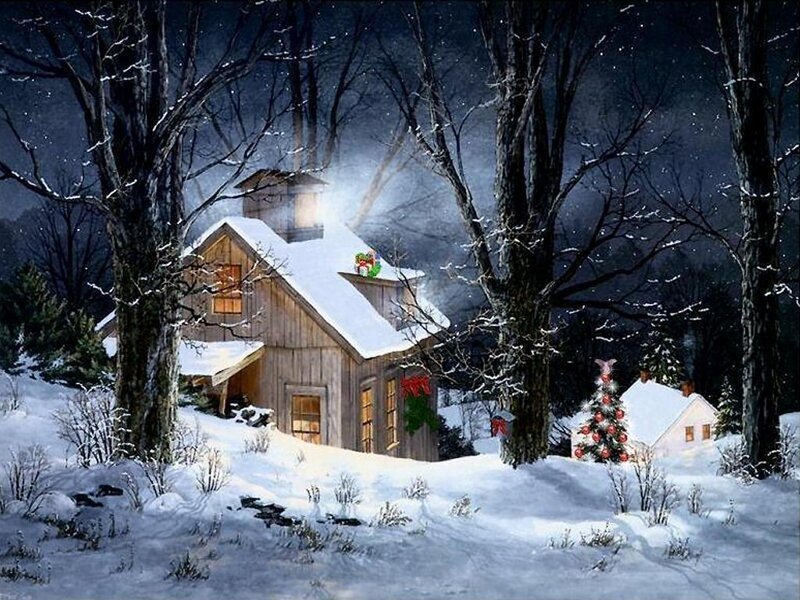 Cozy cabin in snowy woods