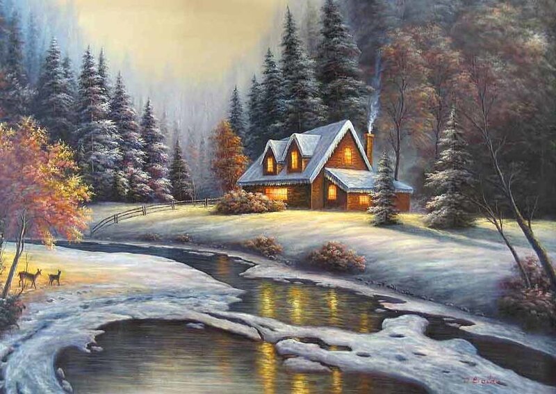 Cozy cabin in winter landscape