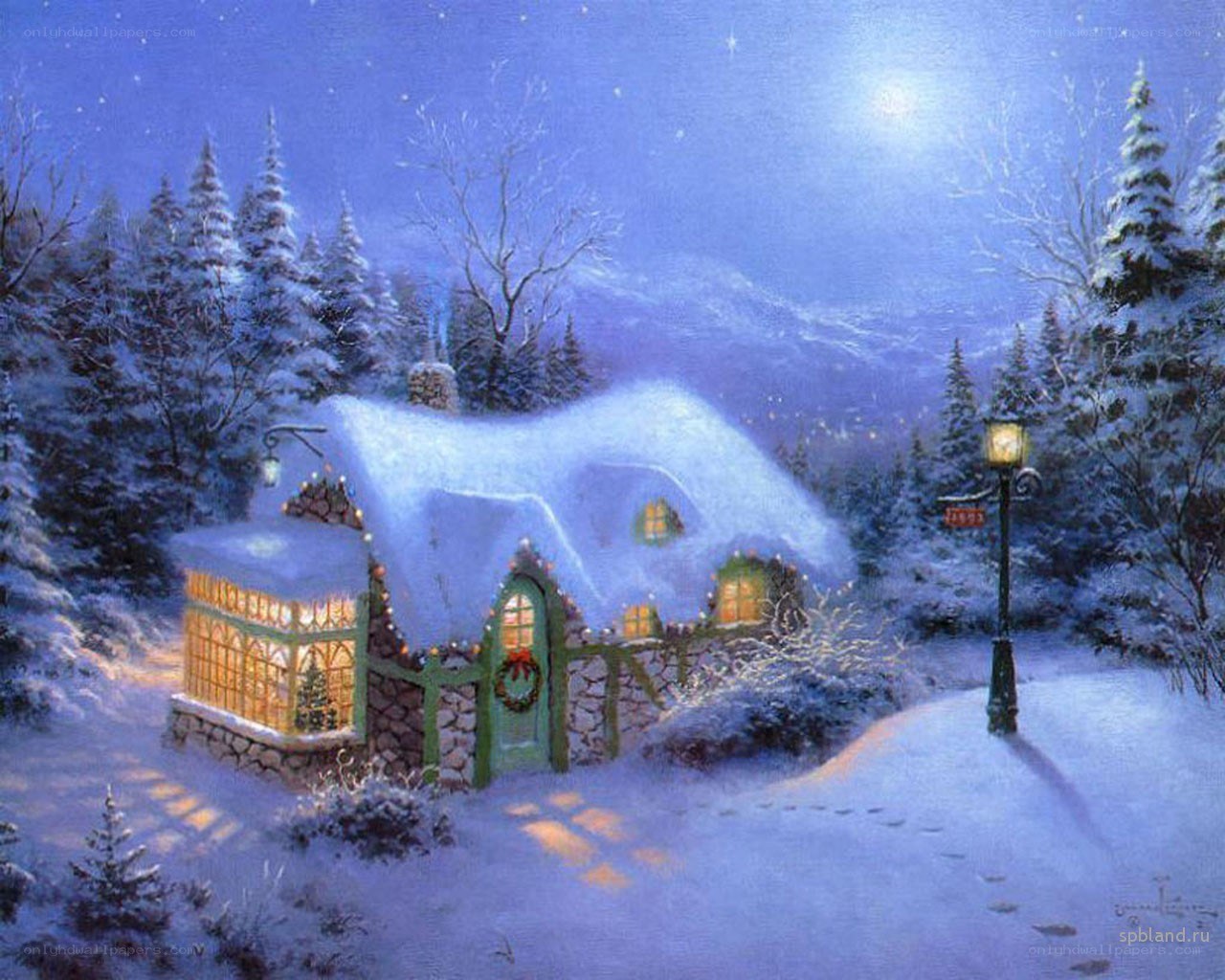 Cozy cabin in winter night