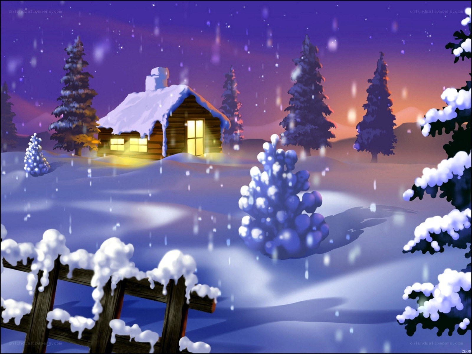 Cozy cabin in winter night