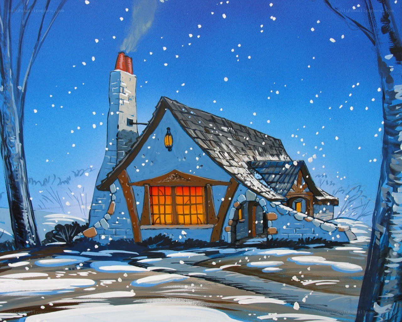 Cozy cabin in winter snow