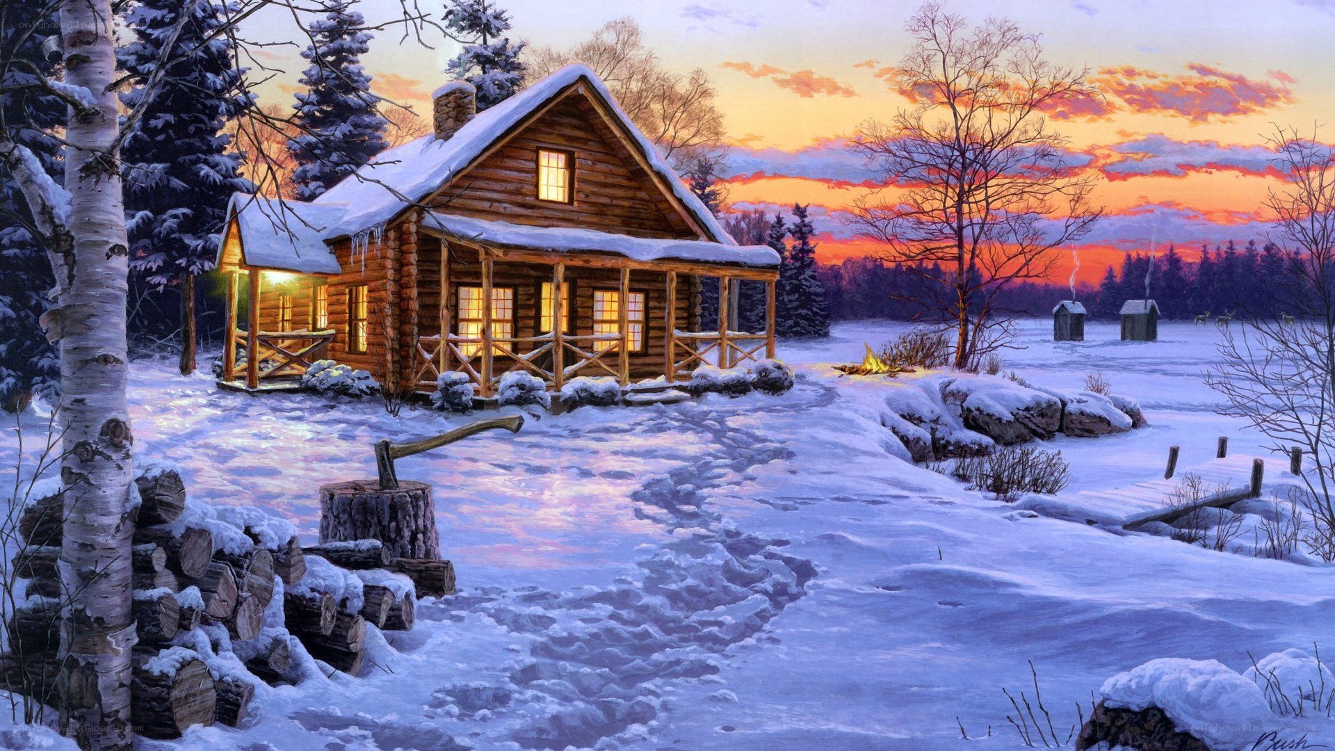 Cozy cabin in winter sunset