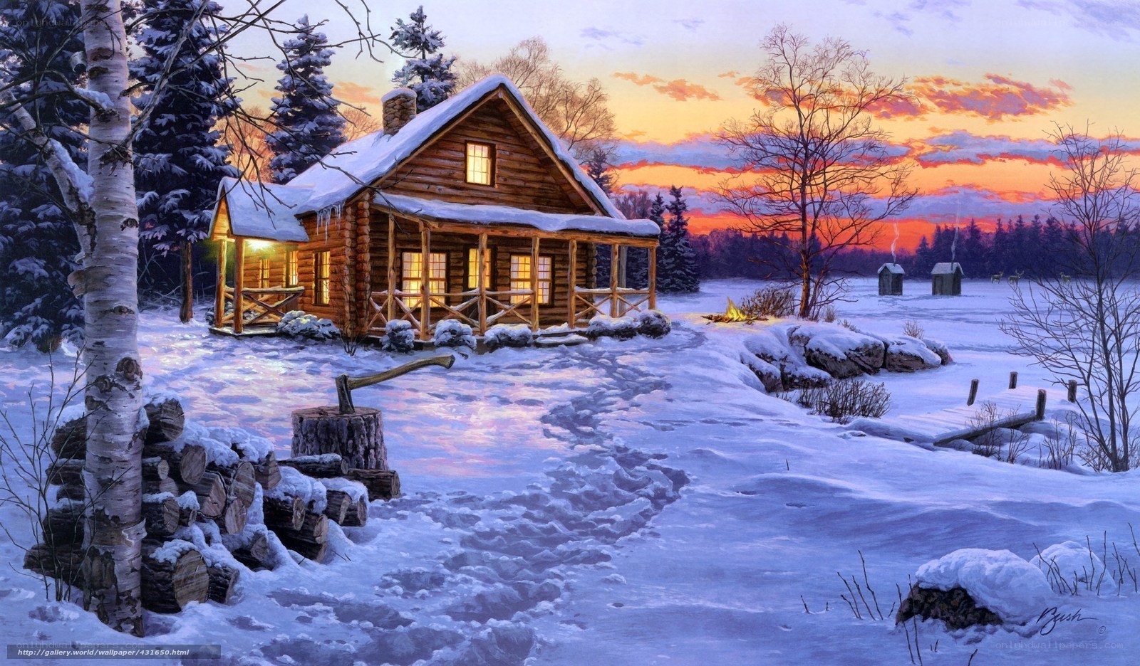 Cozy cabin in winter sunset