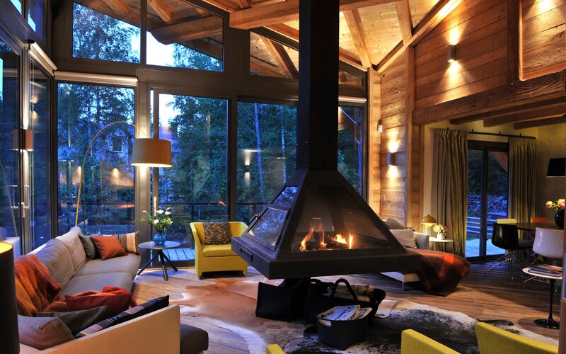 Cozy cabin living room with fireplace