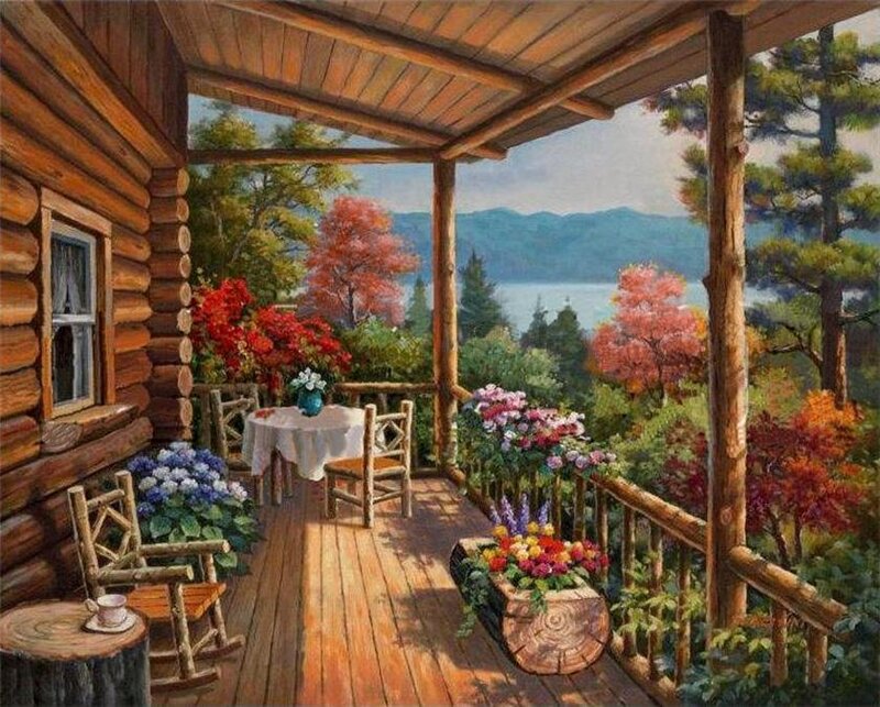 Cozy cabin porch with lake view