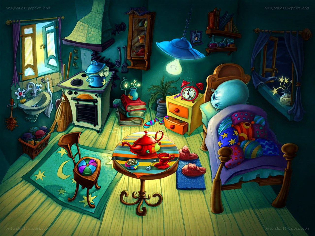 cozy cartoon bedroom scene