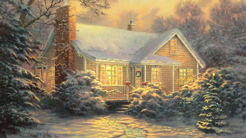 Cozy Christmas cabin in snow