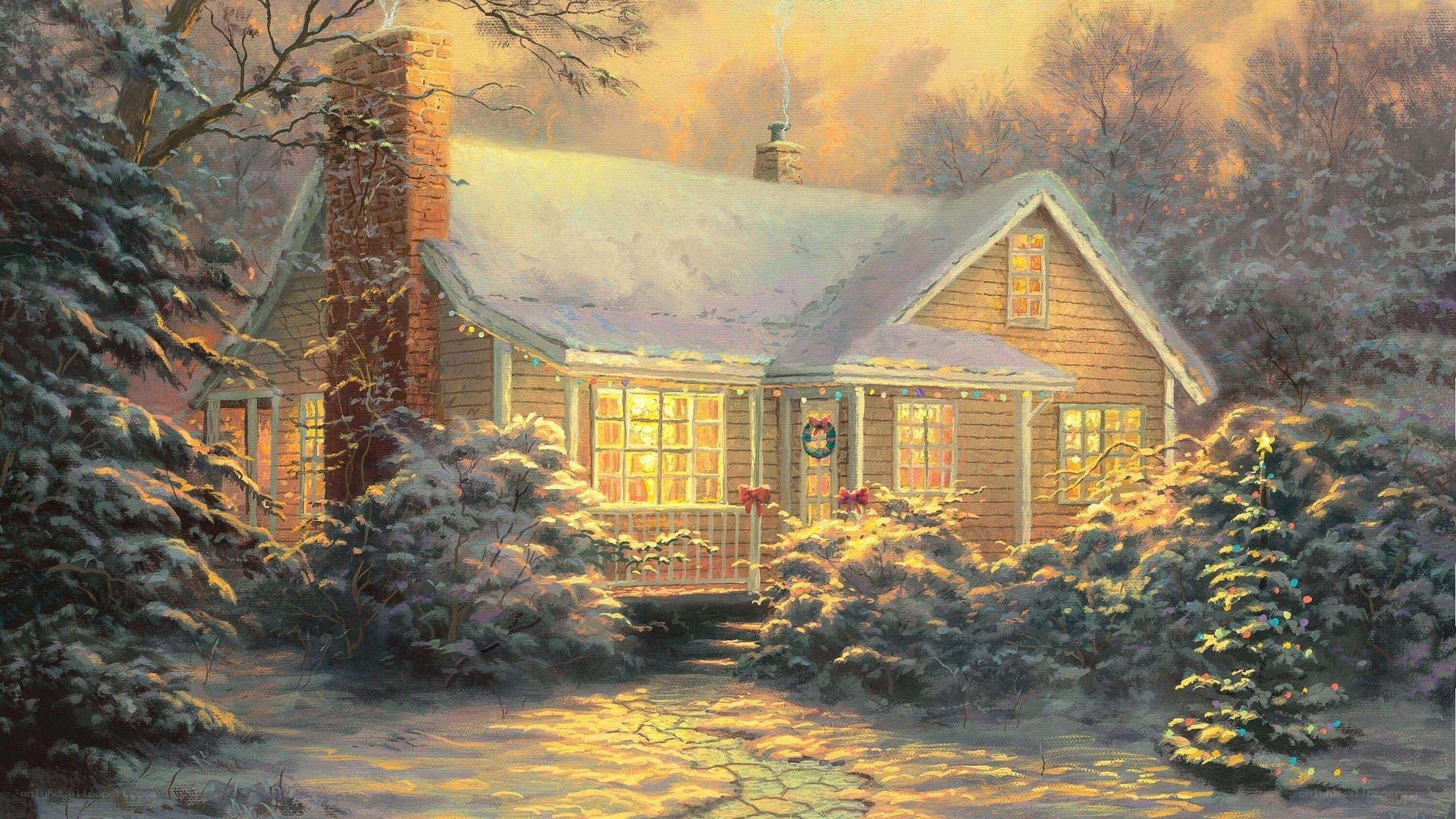 Cozy Christmas cabin in snow
