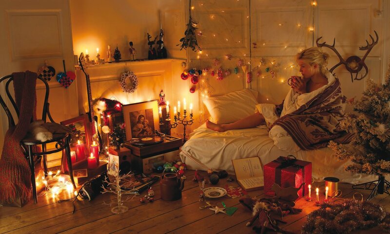 Cozy Christmas room with woman