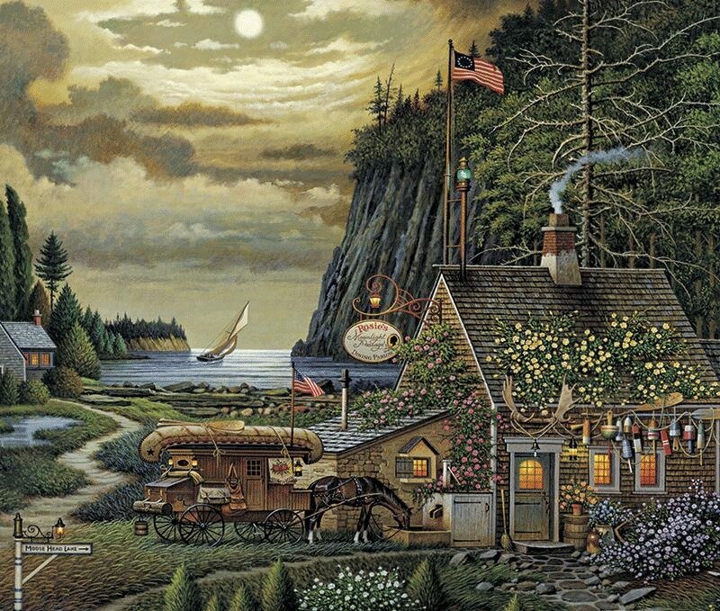 Cozy coastal inn at moonlight