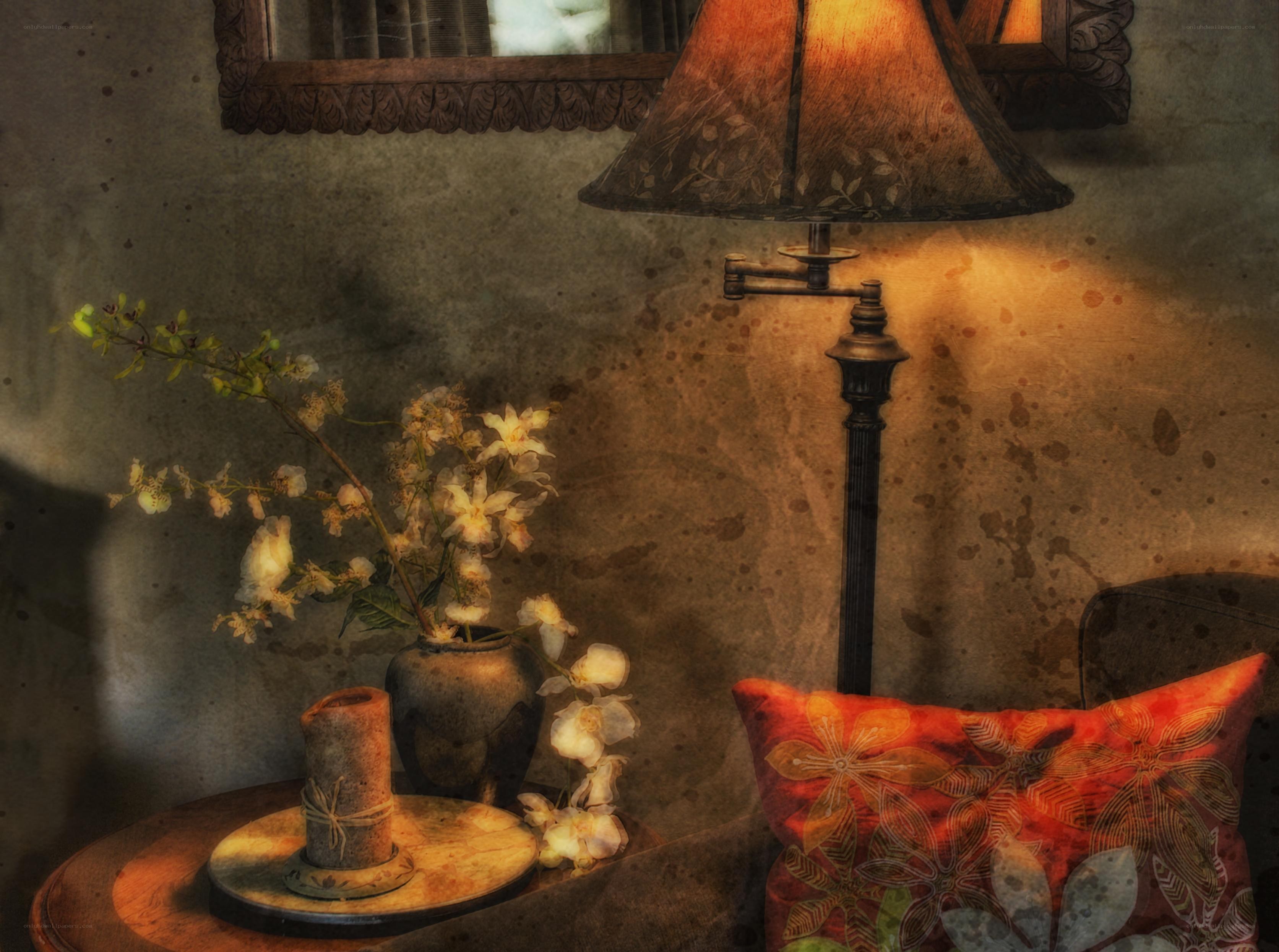 Cozy corner with lamp and flowers