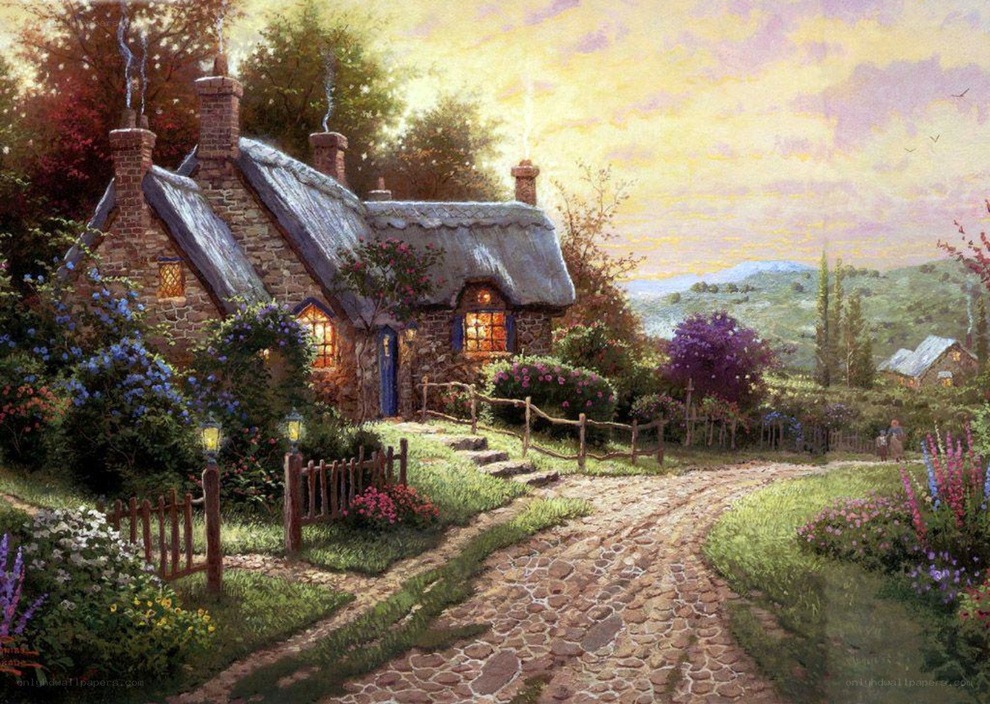 Cozy cottage at sunset