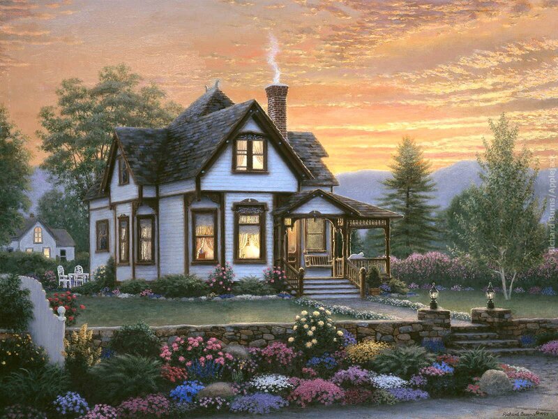 Cozy cottage at sunset