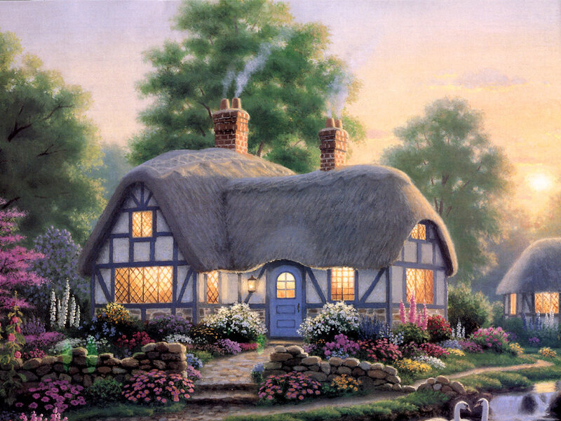 Cozy cottage at sunset