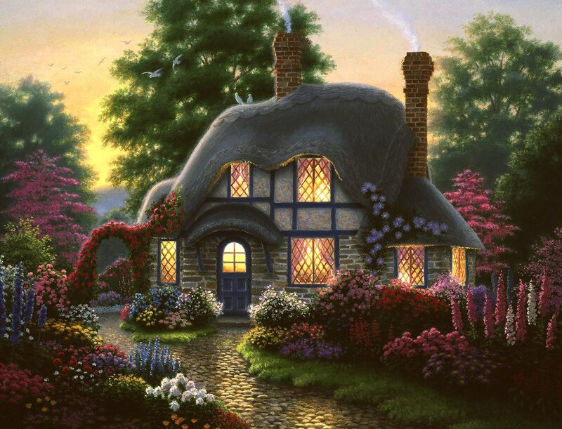 Cozy cottage at sunset