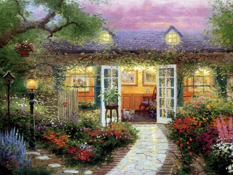 Cozy cottage garden at dusk