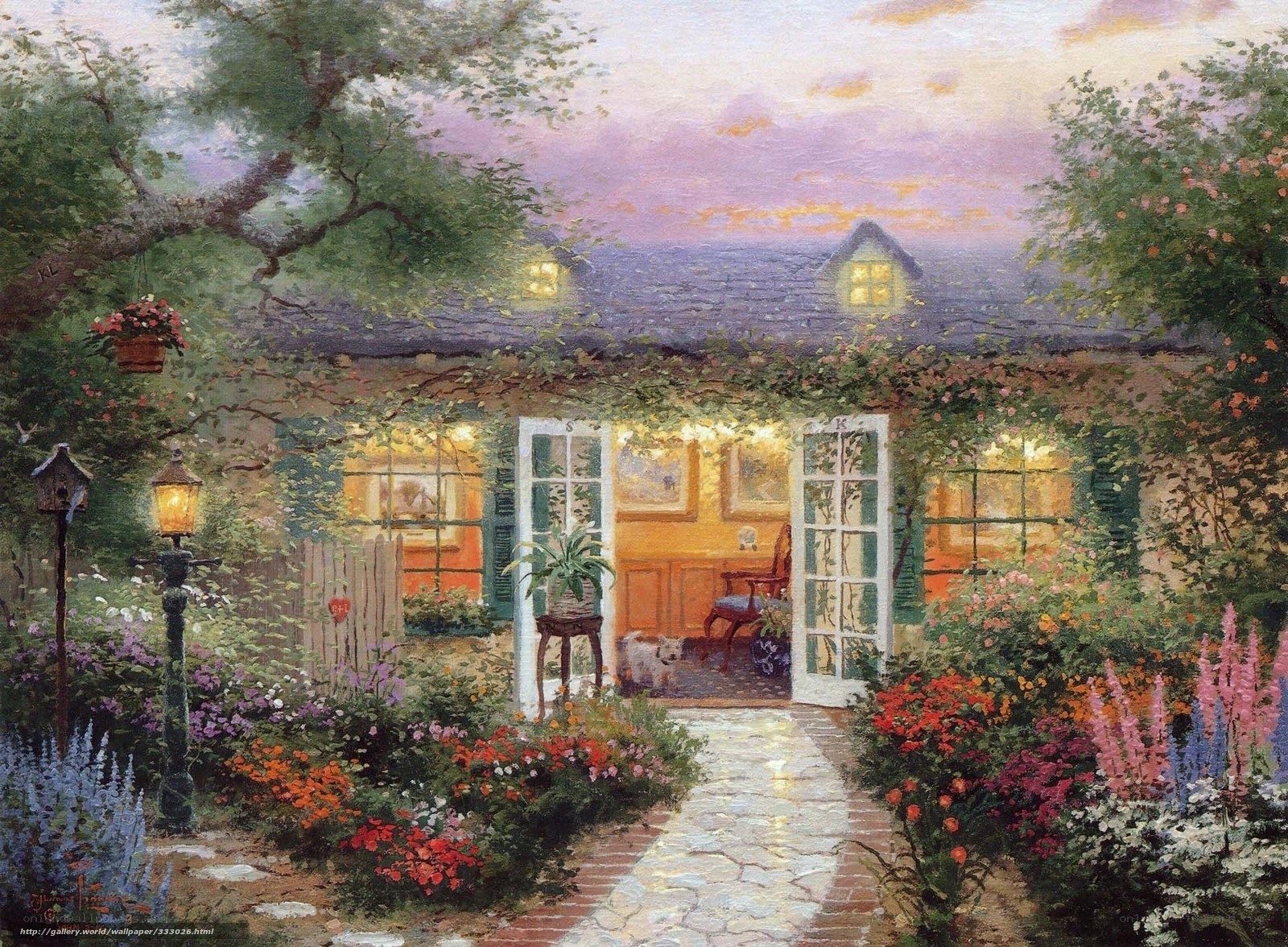 Cozy cottage garden at dusk