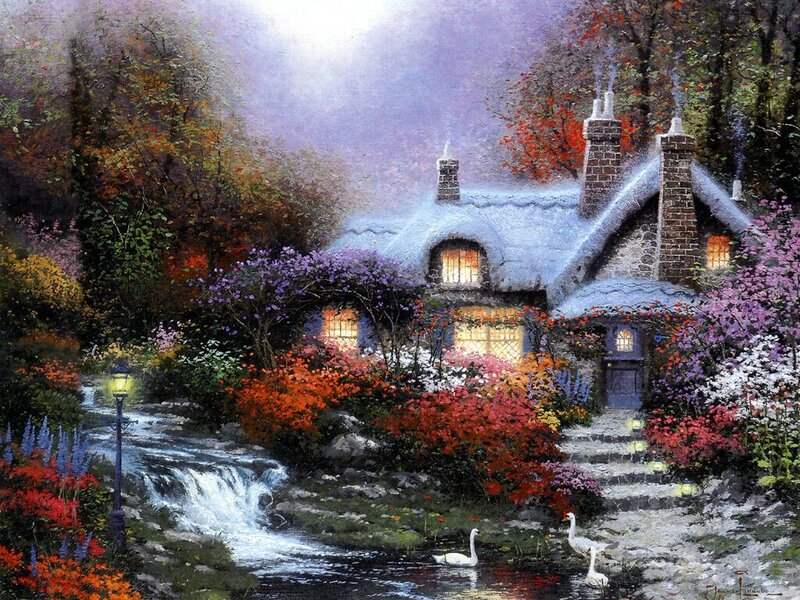 Cozy cottage in autumn garden