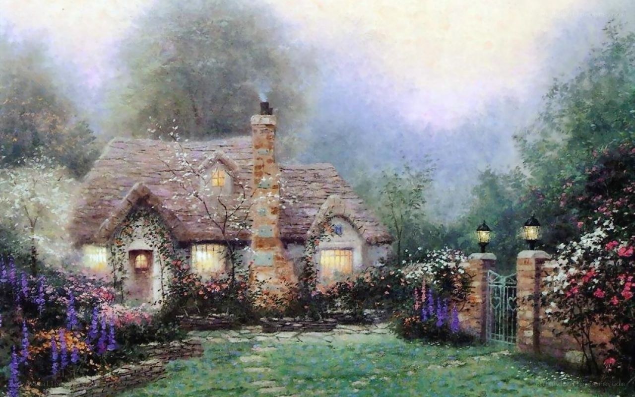 Cozy cottage in misty garden