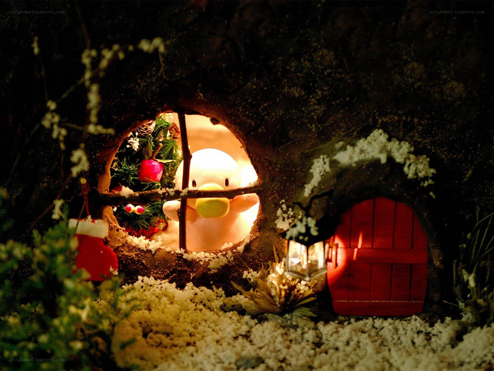 Cozy dollhouse in snowy scene