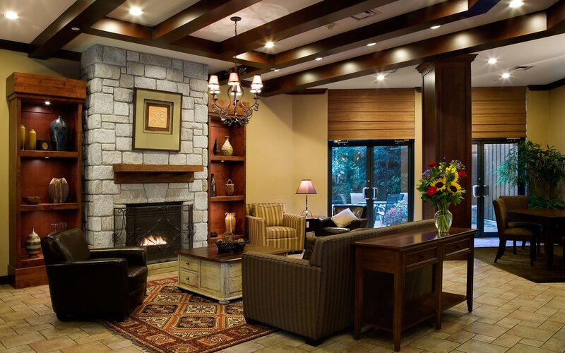 Cozy hotel lobby with fireplace