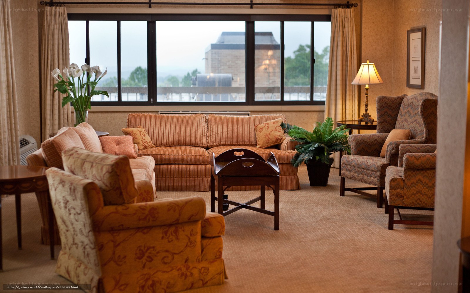 Cozy hotel lounge with city view
