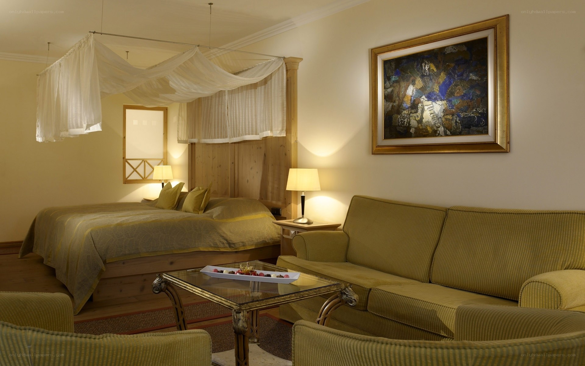 Cozy hotel room with canopy bed