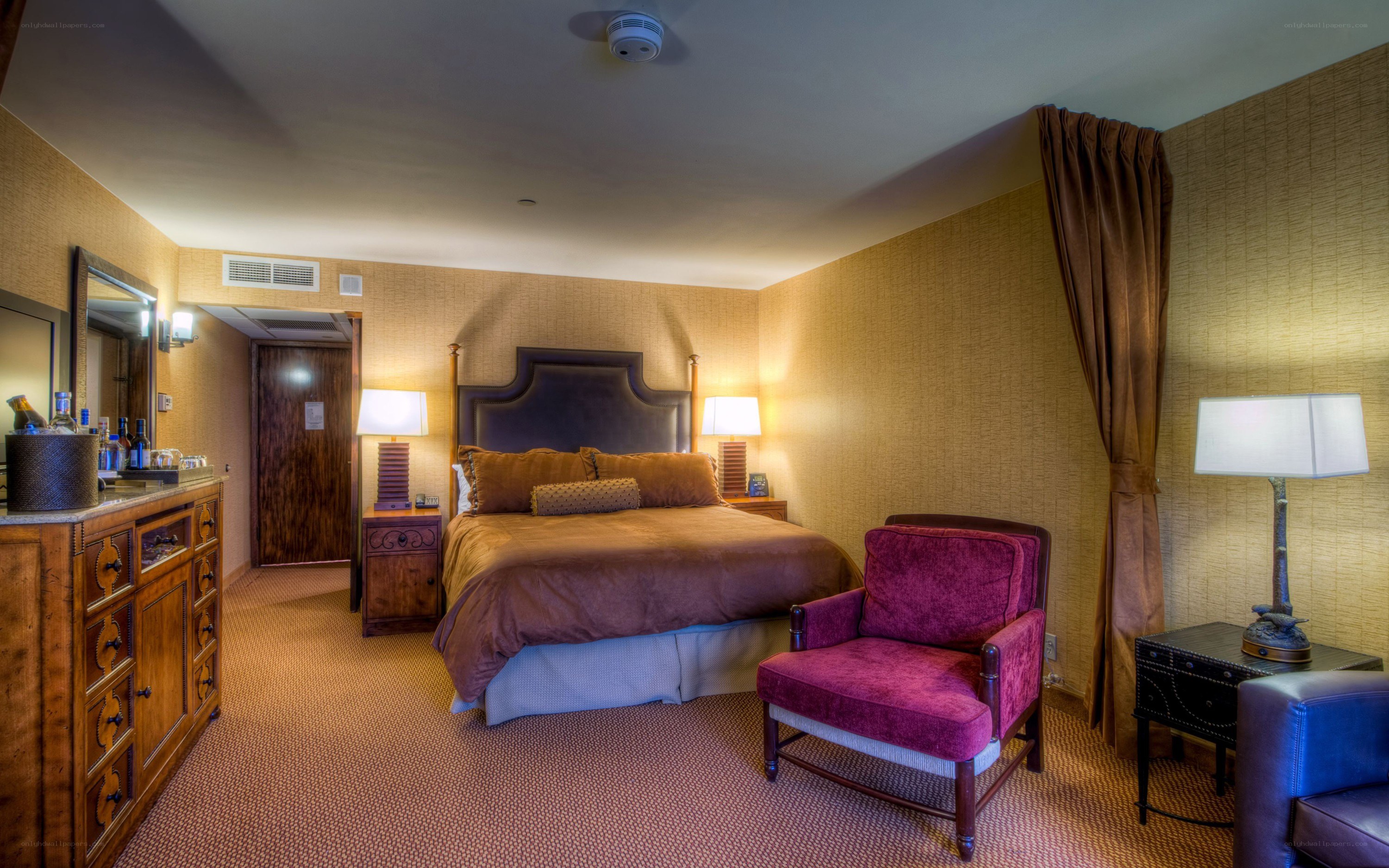 Cozy hotel room with plush bed
