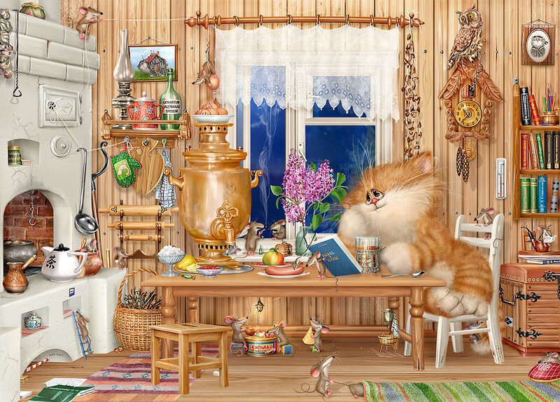 Cozy kitchen with cat and mice