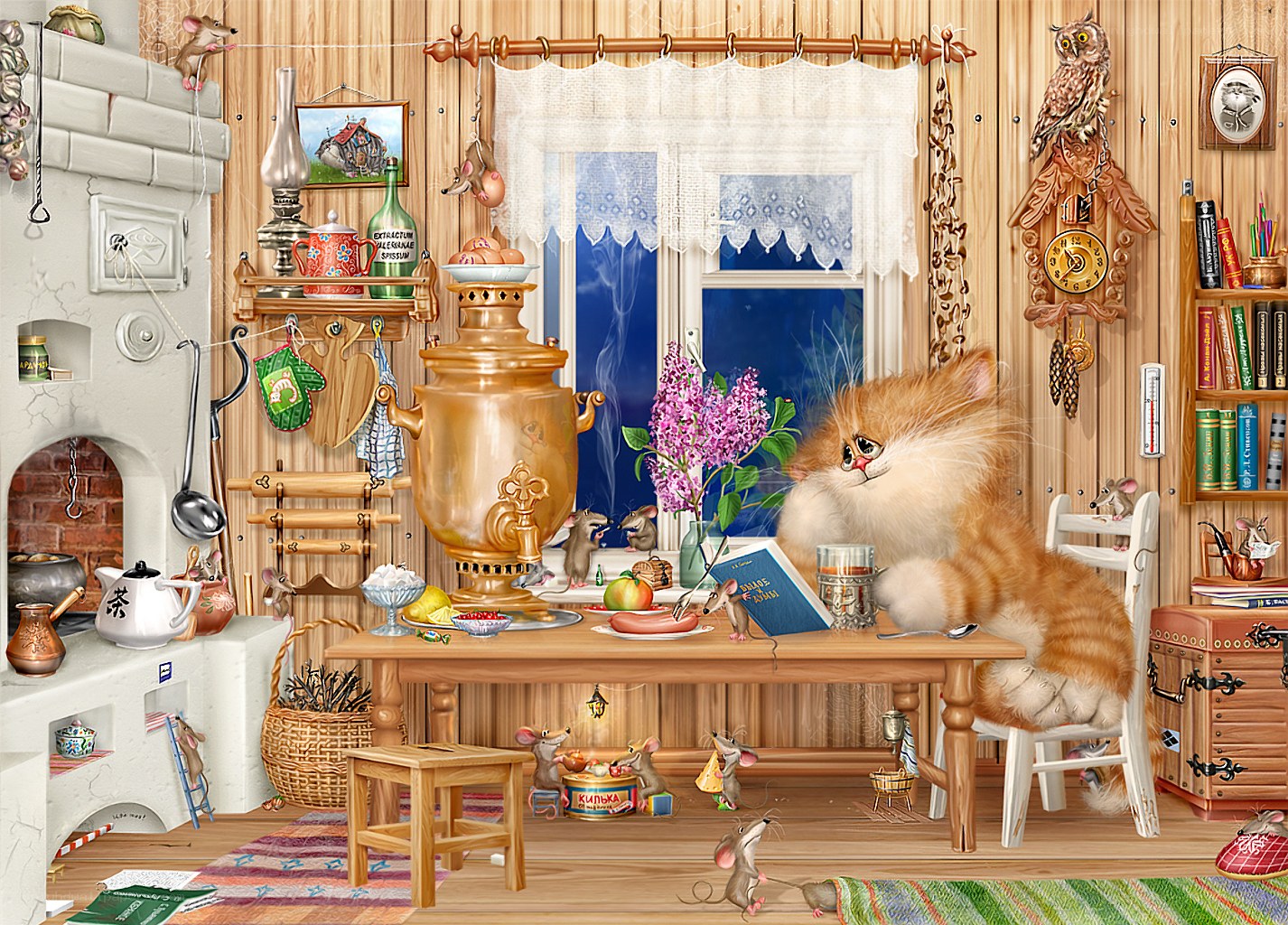 Cozy kitchen with cat and mice