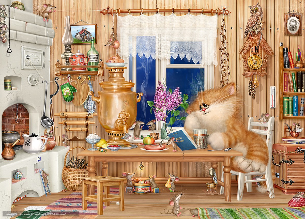 Cozy kitchen with cat and mice