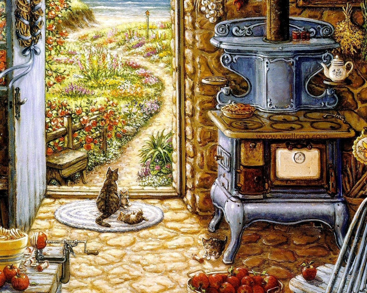 Cozy kitchen with cats and garden view