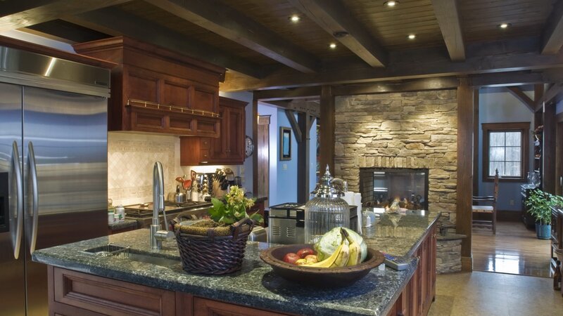 cozy kitchen with stone fireplace