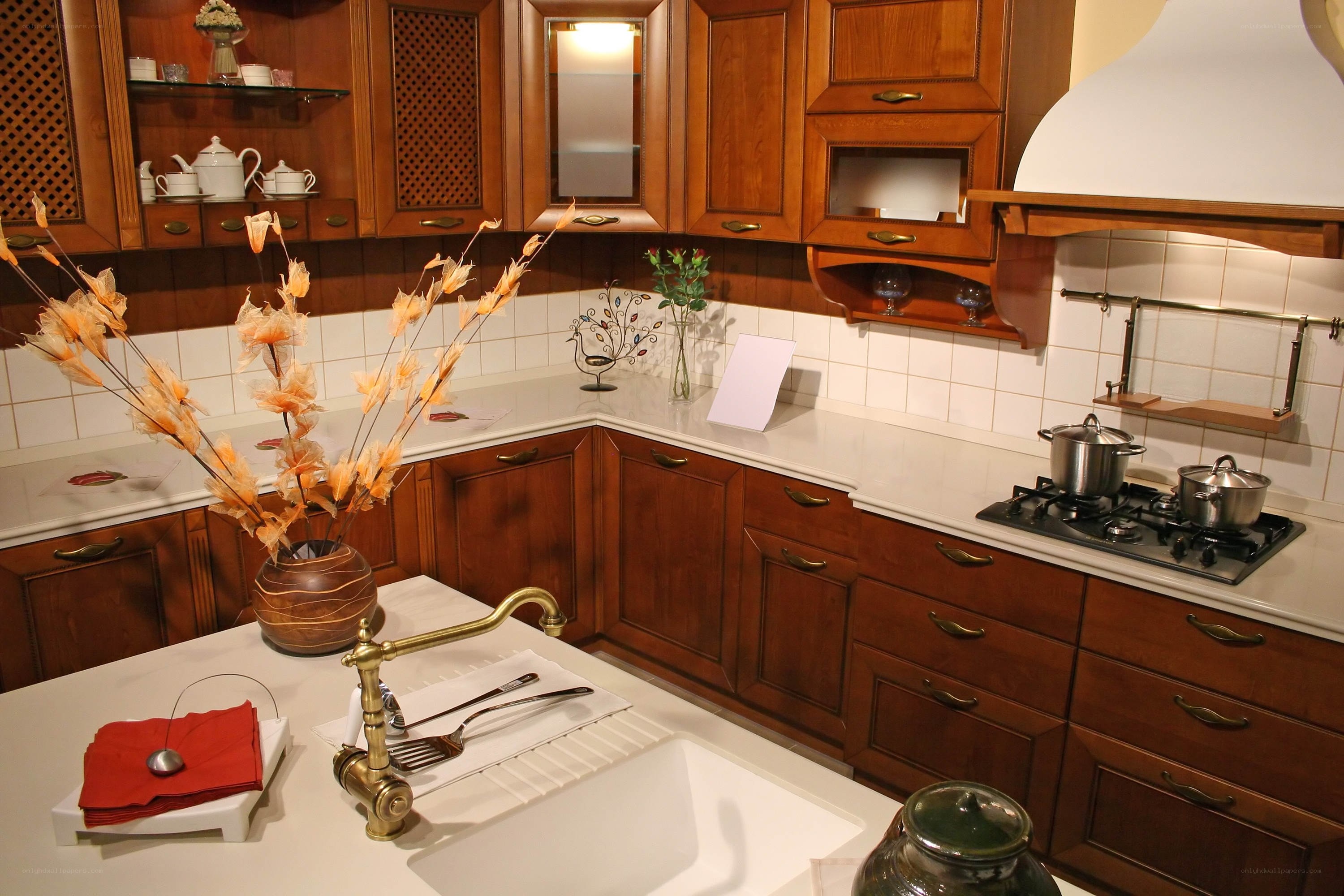 cozy kitchen with wooden cabinets