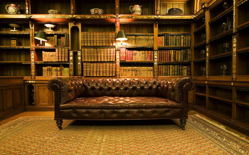 cozy library with leather sofa