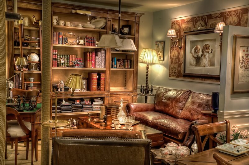 cozy library with leather sofa
