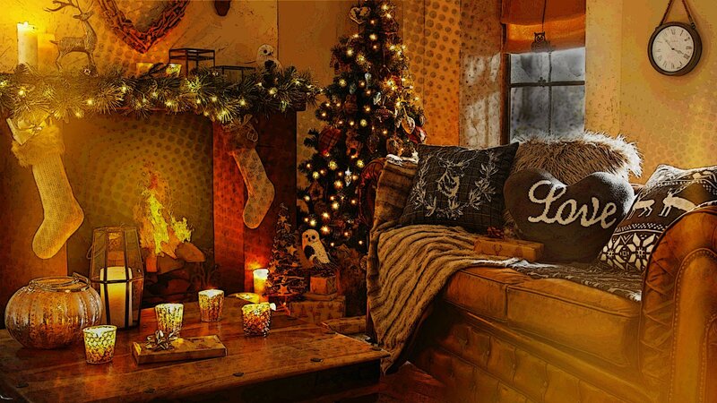 Cozy Living Room — Brown, Warm, Winter, Photograph, Christmas Tree