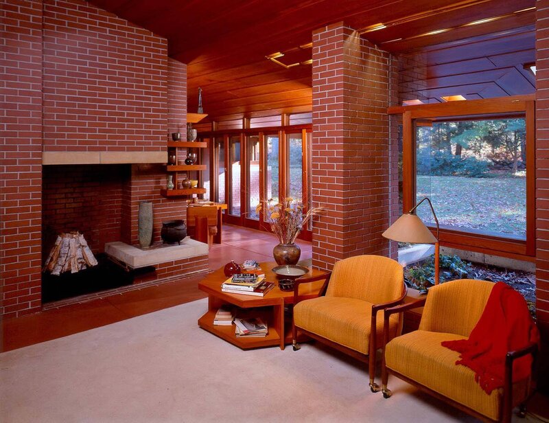 Cozy living room with brick fireplace
