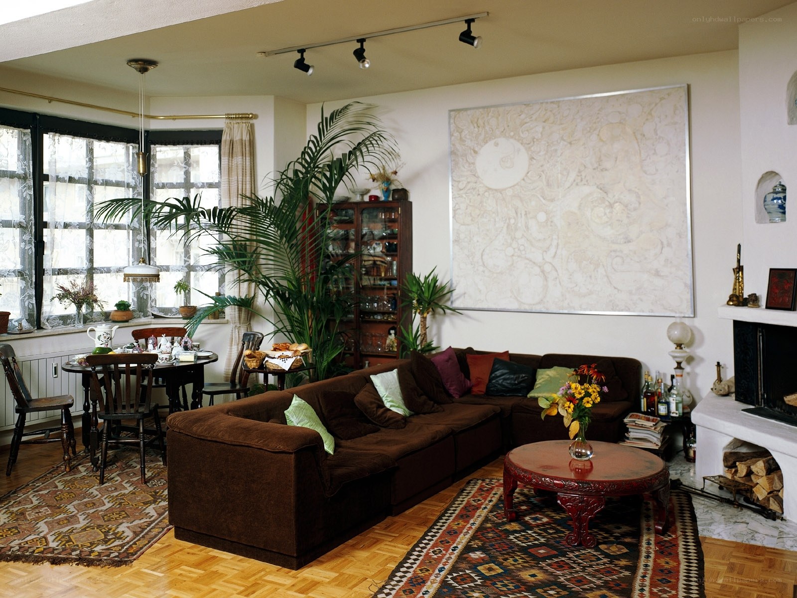 Cozy living room with brown sofa