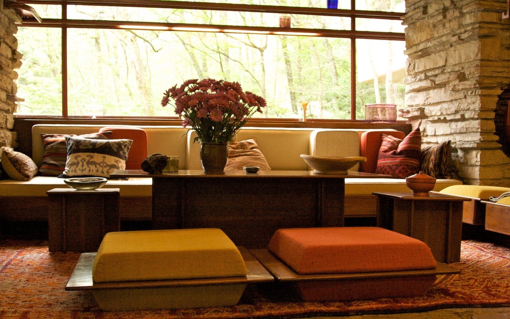 Cozy living room with forest view