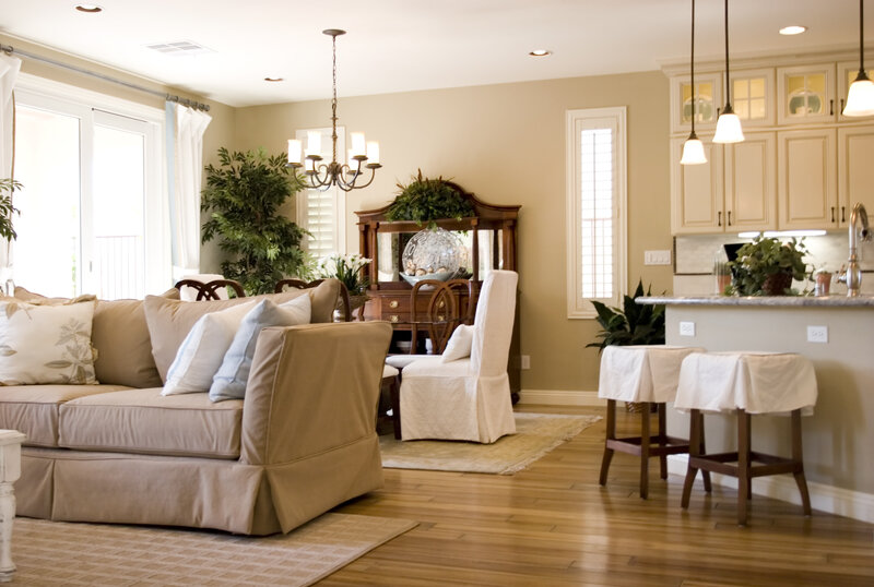 cozy living room with kitchen view