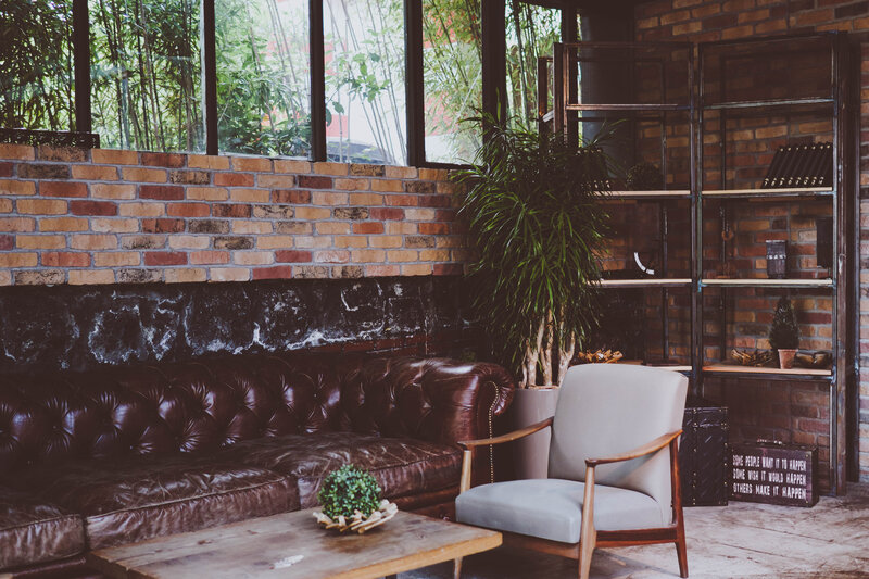 cozy living room with leather couch