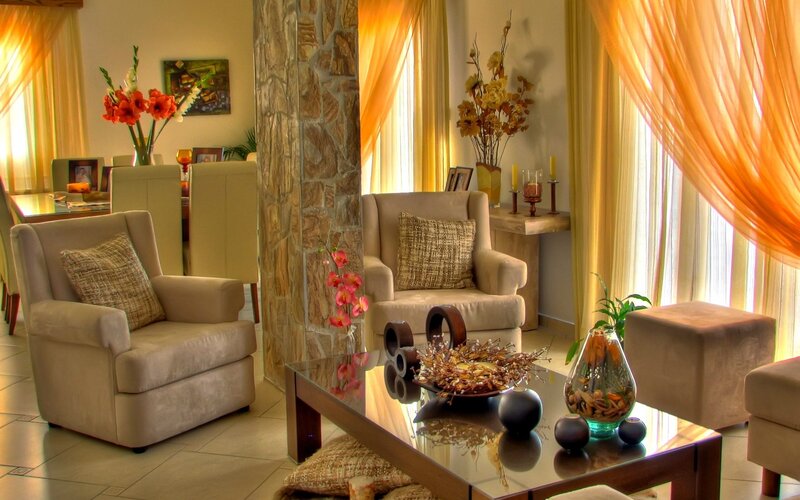 cozy living room with orange accents