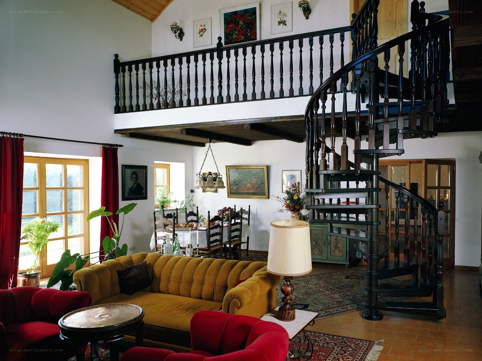 Cozy living room with spiral staircase