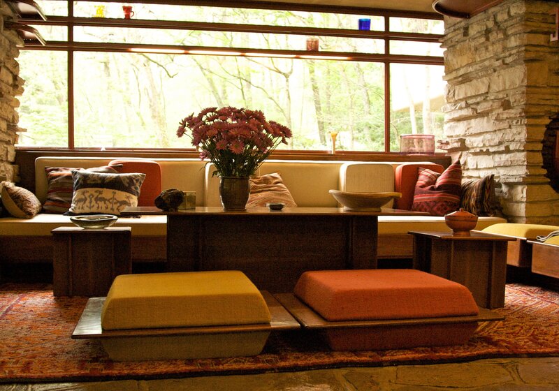 Cozy living room with stone fireplace