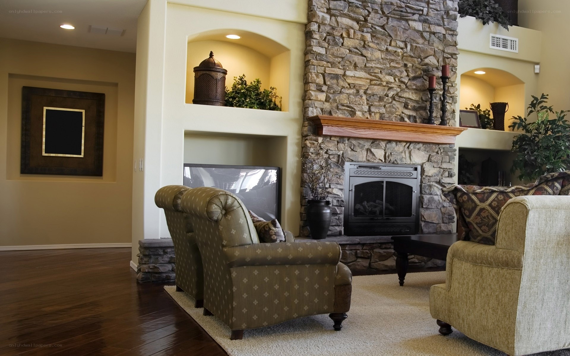 Cozy living room with stone fireplace
